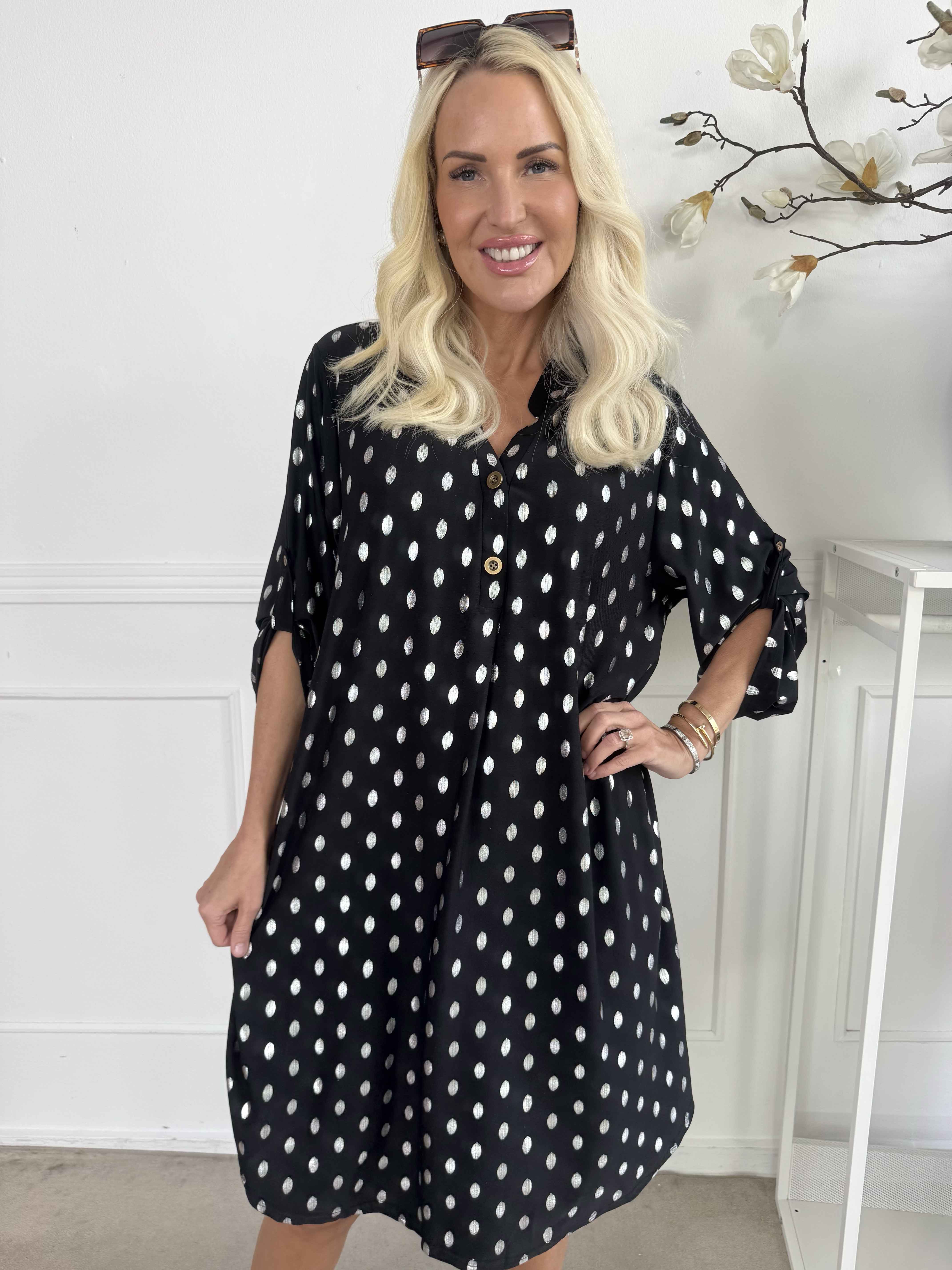 Ebba Silver Long - Elastisk klänning med silverprickar